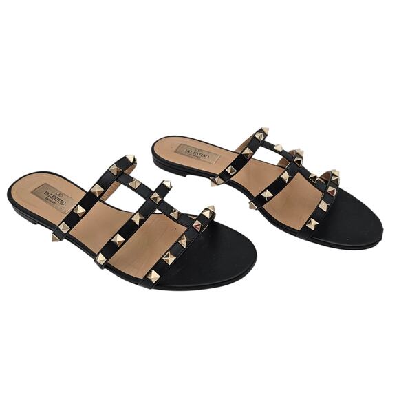 Valentino Garavani Rockstud Flat Slide Sandal Black Leather Size 38.5 US 8.5 - Picture 1 of 11